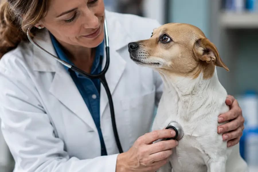 Veterinária examinando um cachorro